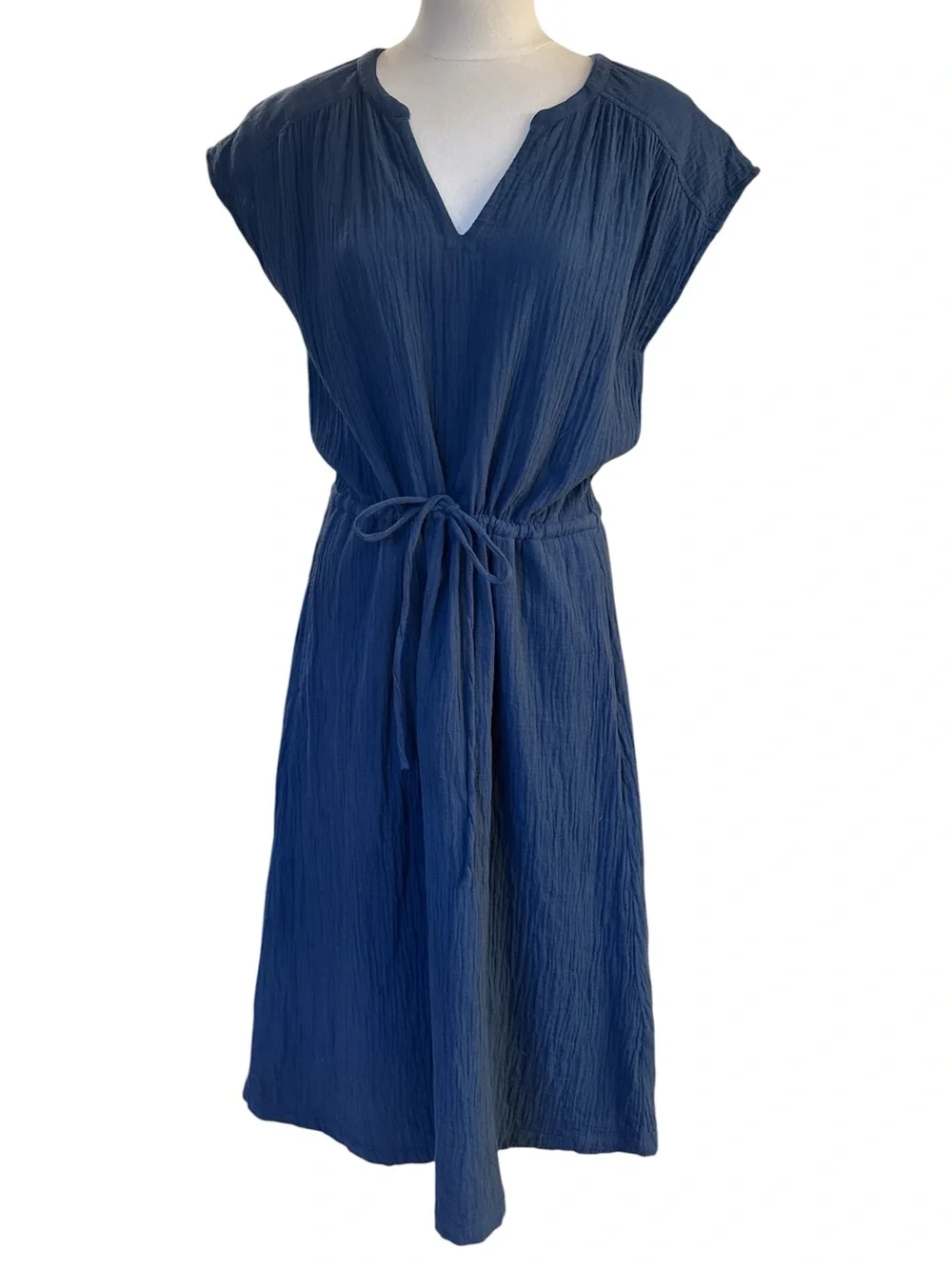 Pact Organic Cotton Navy Blue Scoop Gauze Neck Midi Dress with Waist Tie M - Picture 2 of 8